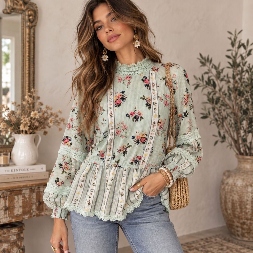 HEMANT & NANDITA Anthropologie Romantic Floral Lace Peplum Blouse, Size Large